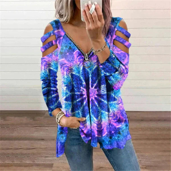 Women’s Pullover Top – Relaxed Fit – Cold Shoulder – Zipper Neckline – Boho Print