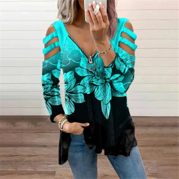 Women’s Pullover Top – Relaxed Fit – Cold Shoulder – Zipper Neckline – Boho Print
