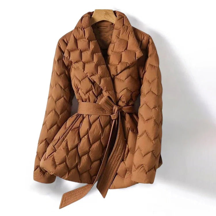 Women’s Quilted Jacket – Fitted Waist – Belted – Hip Length – Structured Collar