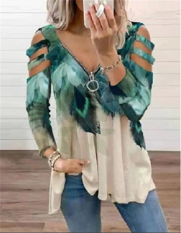 Women’s Pullover Top – Relaxed Fit – Cold Shoulder – Zipper Neckline – Boho Print