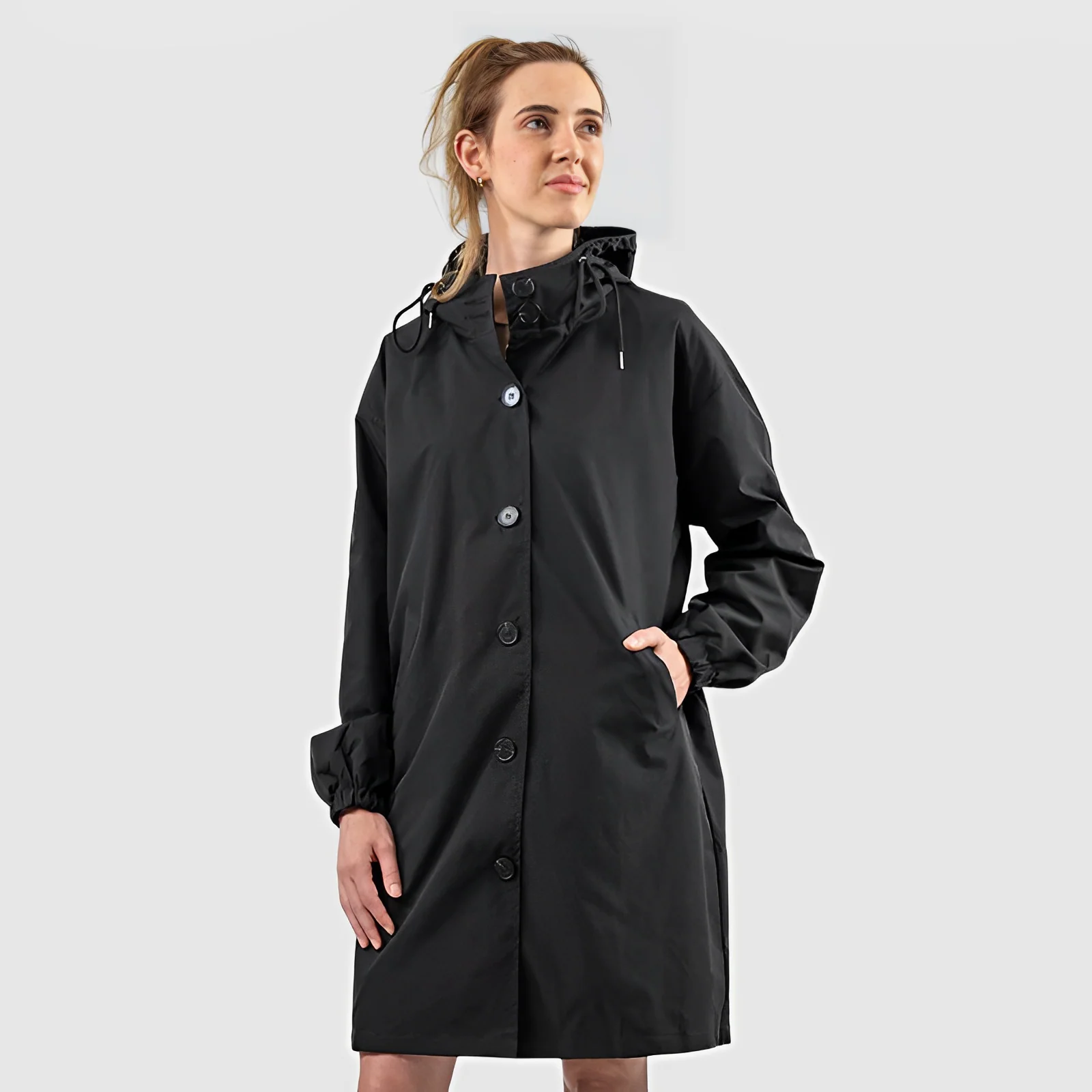 Women’s Hooded Coat – Relaxed Fit – Knee Length – Button Front with Pockets
