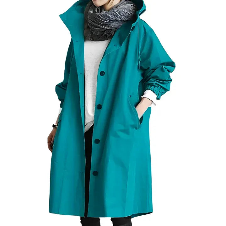 Women’s Hooded Coat – Relaxed Fit – Knee Length – Button Front with Pockets