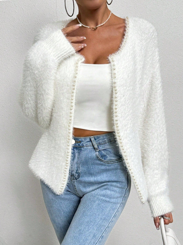 Women’s Cardigan – Soft Knit – Pearl Trim – V-Neck – Relaxed Fit – Hip Length