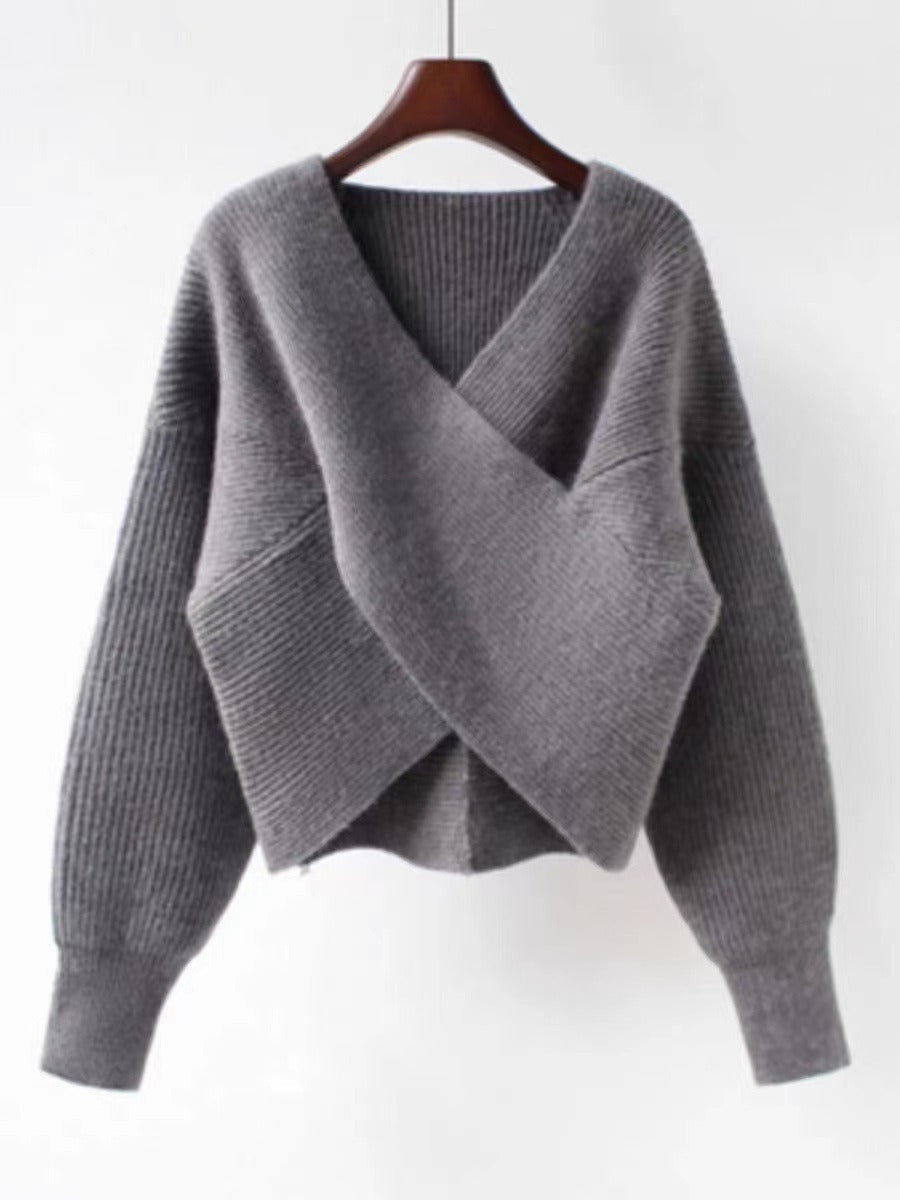 Women’s Oversized Sweatshirt – Knitted Ribbed Texture – V-Neck – Balloon Sleeves