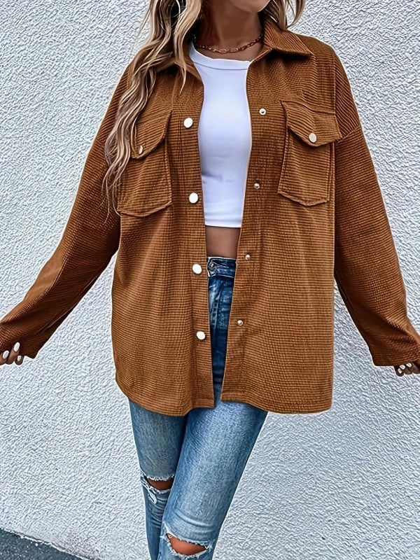 Women’s Shirt Jacket – Corduroy – Oversized Fit – Button Down – Chest Flap Pockets