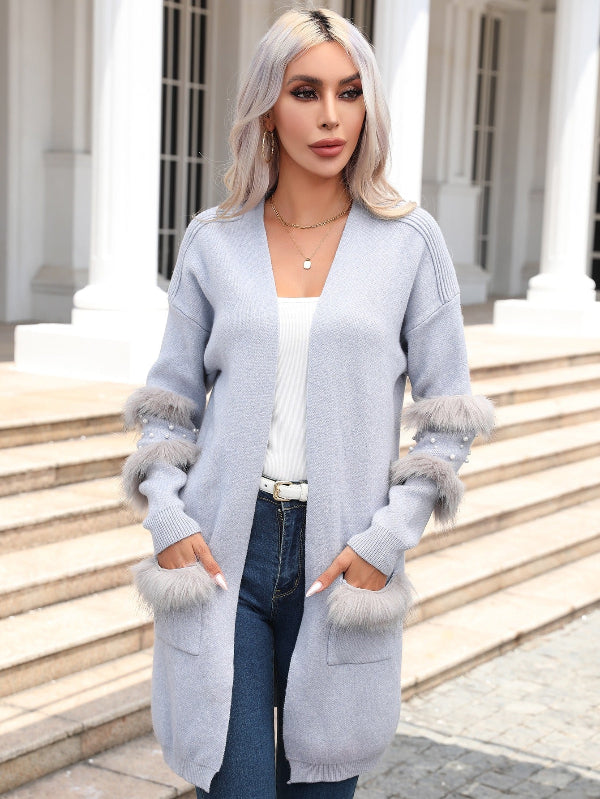 Women’s Knit Cardigan – Relaxed Fit – V-Neck – Pearl Sleeve – Faux Fur Trim – Open Front