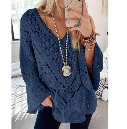 Women’s Sweater – Relaxed Fit – Crochet Knit – V-Neck – Trumpet Sleeve