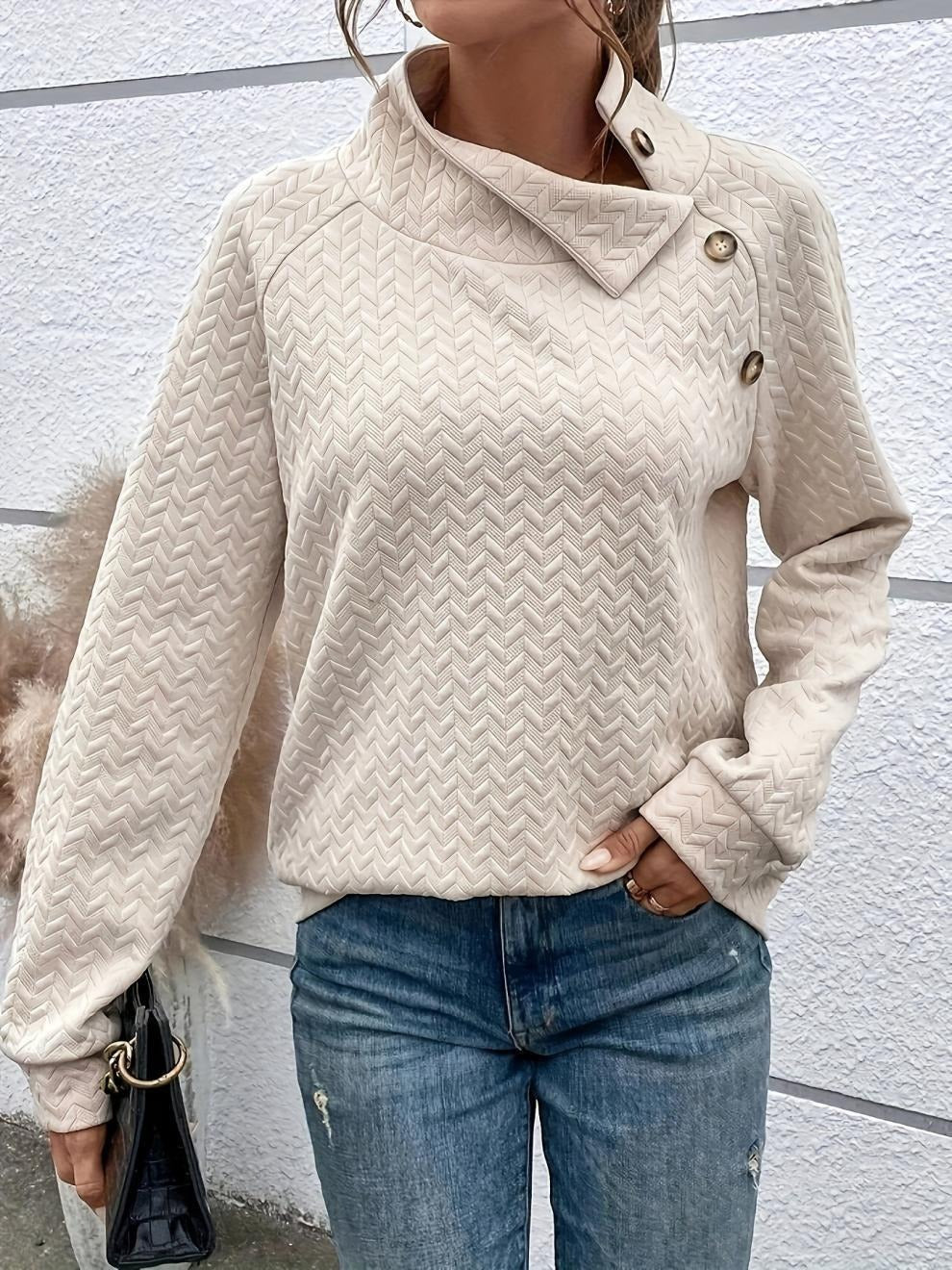 Women’s Sweatshirt – Relaxed Fit – Chevron Knit Texture – High Neck – Button Detail