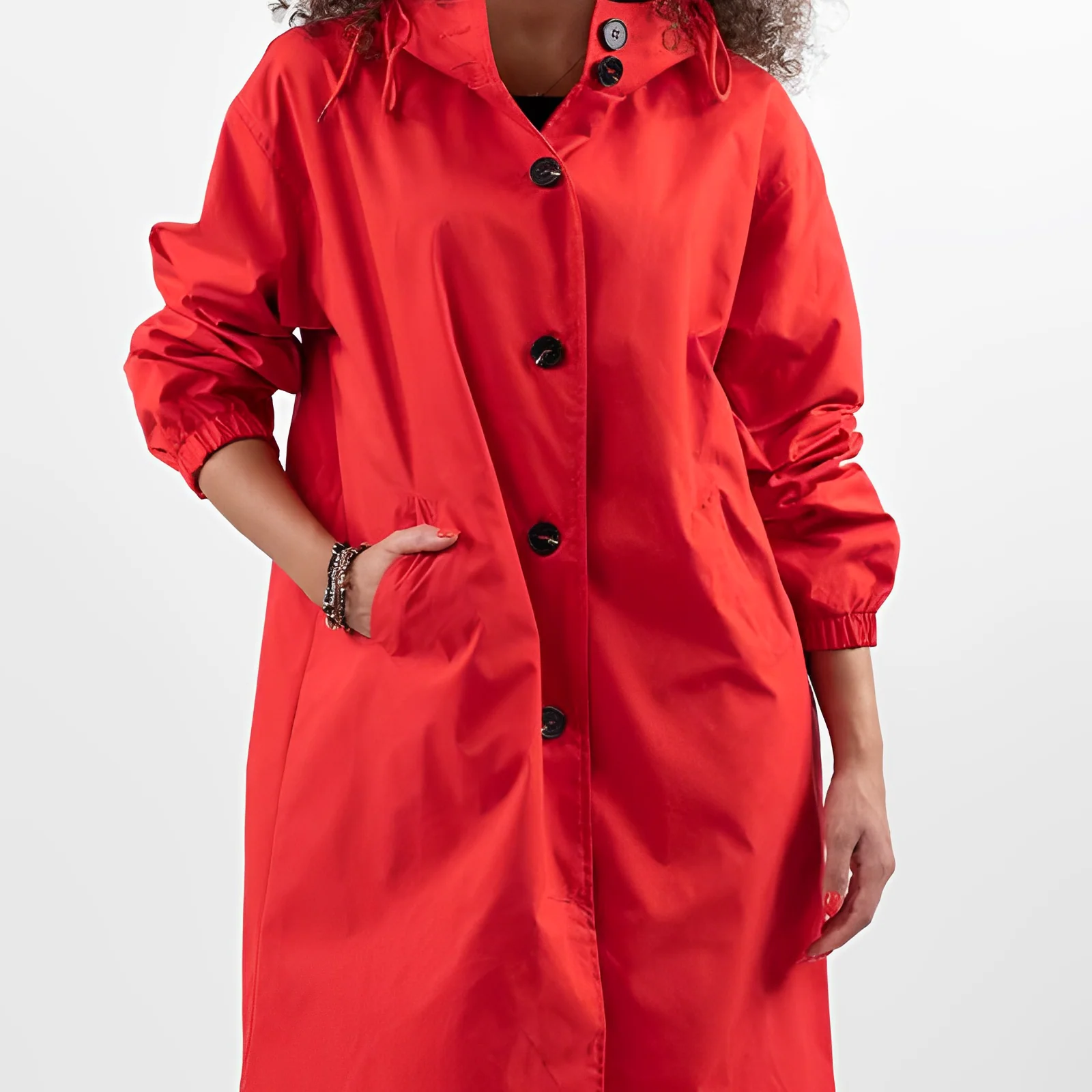 Women’s Hooded Coat – Relaxed Fit – Knee Length – Button Front with Pockets