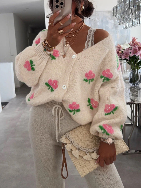 Women’s Knit Cardigan – Wool Blend – Oversized Fit – Floral Jacquard – Lantern Sleeves