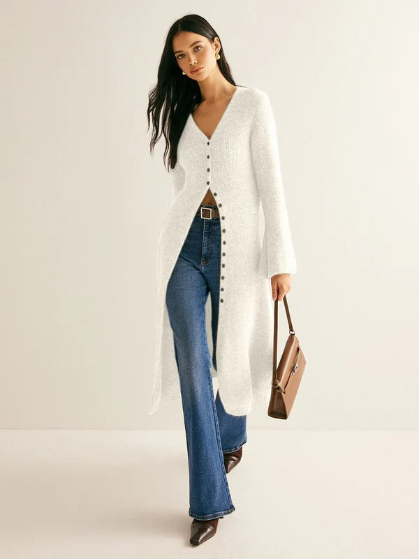 Women’s Sweater Dress – Slim Fit Knit – V-Neck Button Front – Long Sleeve Midi
