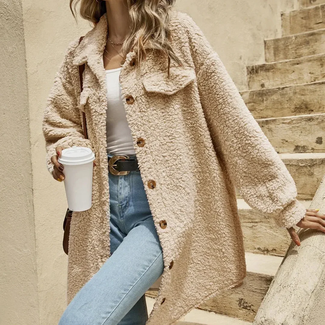 Women’s Long Coat – Oversized Relaxed Fit – Textured Pile – Button Front – Mid-Thigh Length