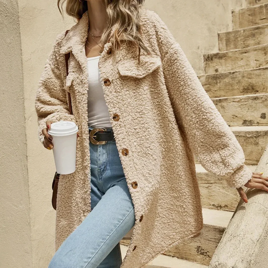 Women’s Long Coat – Oversized Relaxed Fit – Textured Pile – Button Front – Mid-Thigh Length