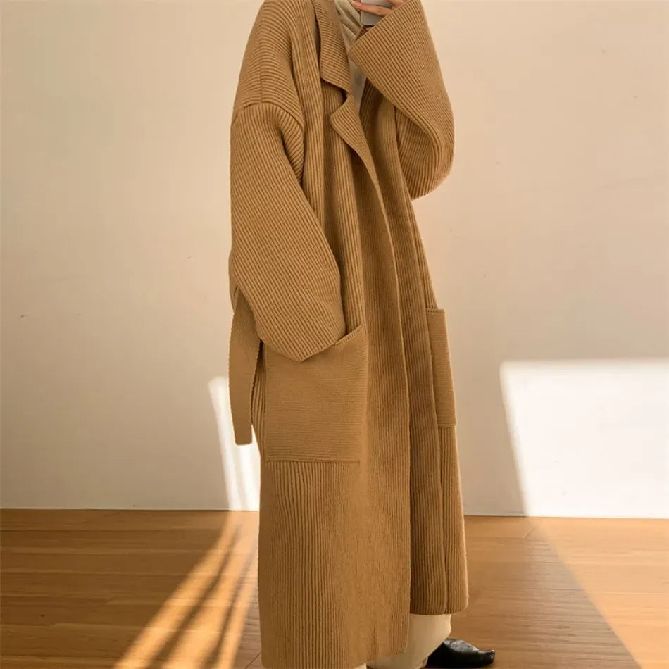 Women’s Long Cardigan – Ribbed Knit – Relaxed Oversized Fit – Open Front – Patch Pockets