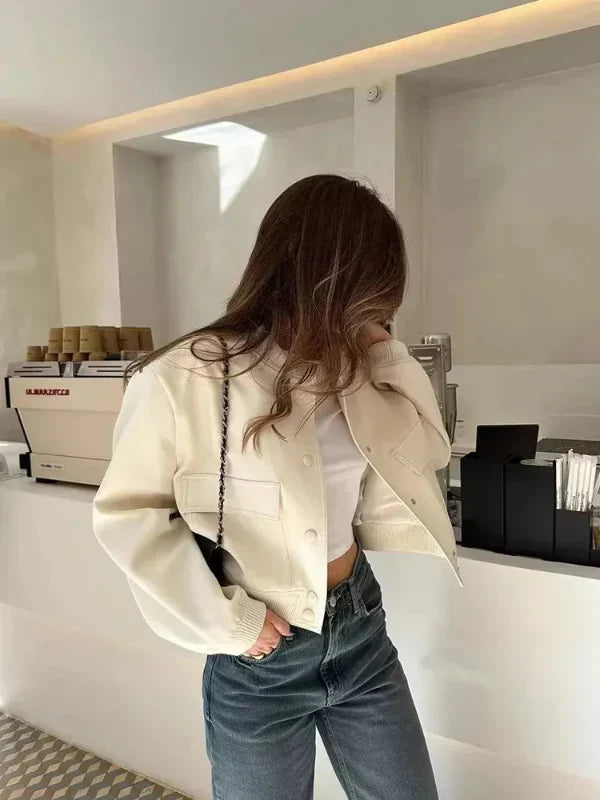 Women’s Bomber Jacket – Relaxed Fit – Cropped Length – Button Front – Flap Pockets