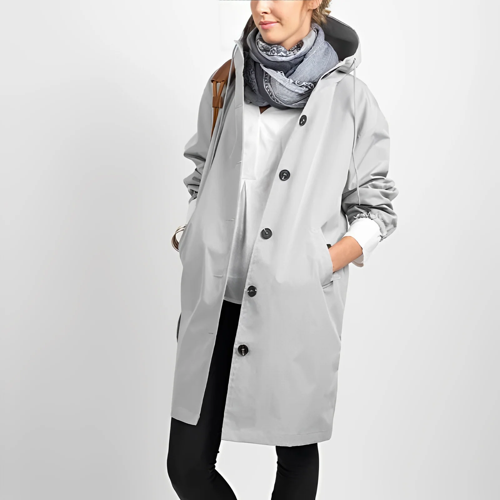 Women’s Hooded Coat – Relaxed Fit – Knee Length – Button Front with Pockets