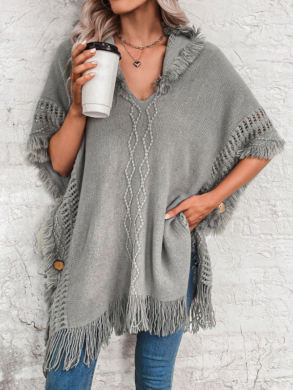 Women’s Poncho – Knitted Wool Blend – Oversized Fit – Hooded – Fringe Hem – V-Neck