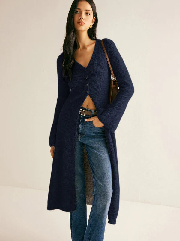 Women’s Sweater Dress – Slim Fit Knit – V-Neck Button Front – Long Sleeve Midi