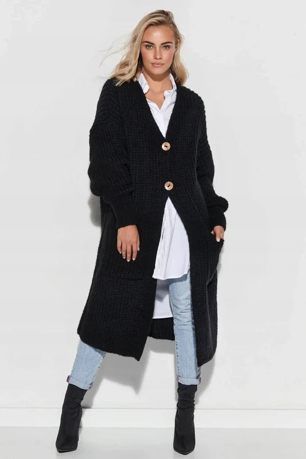 Women’s Knit Coat – Wool Chunky Texture – Oversized Fit – Long Length – Button Front