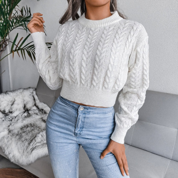 Women’s Crop Sweater – Wool Cable Knit – Crew Neck – Ribbed Hem – Long Sleeve Fit