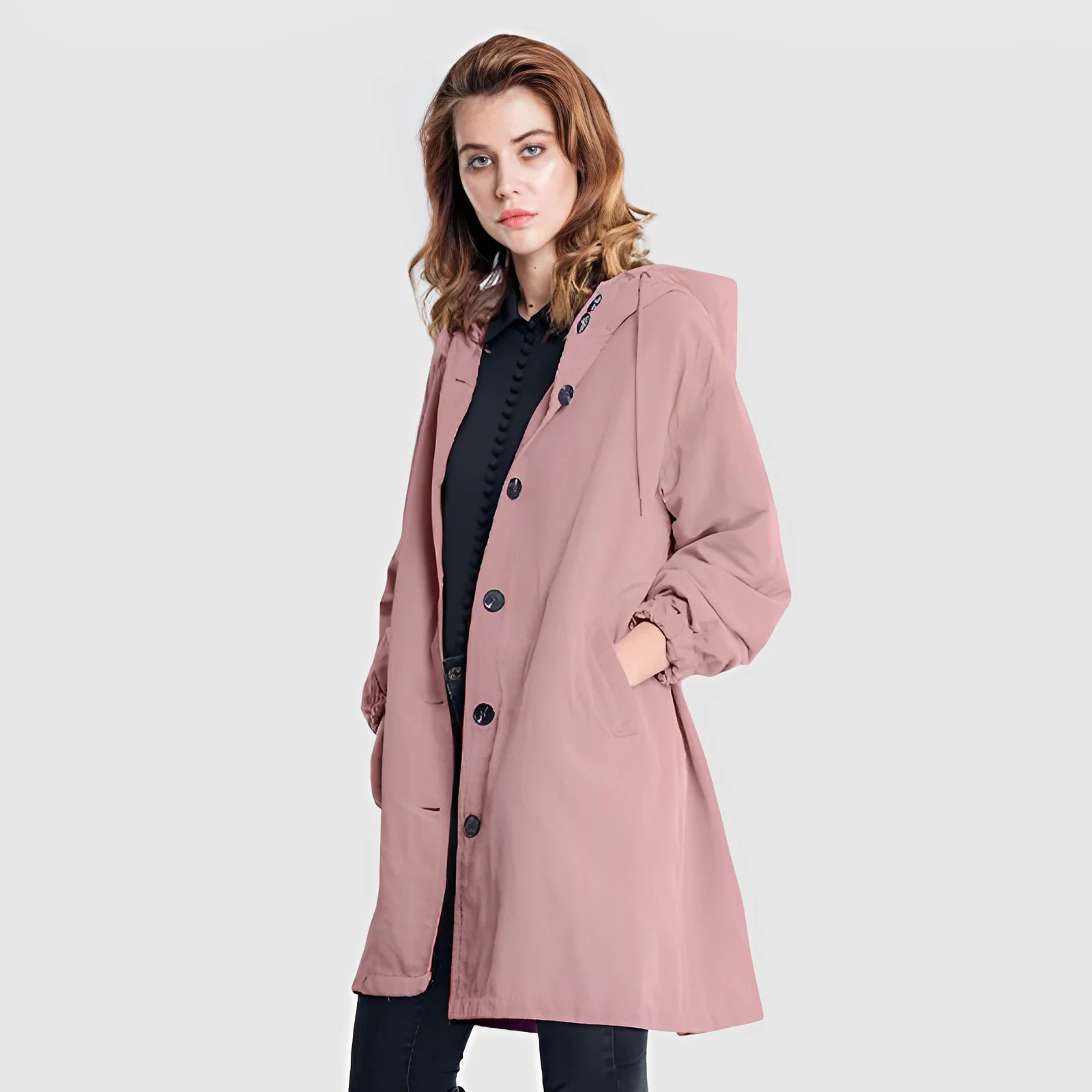 Women’s Hooded Coat – Relaxed Fit – Knee Length – Button Front with Pockets
