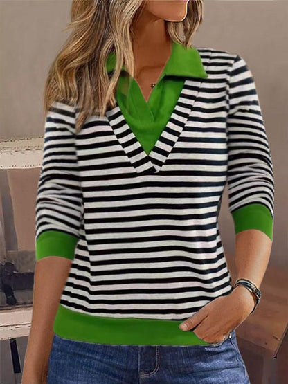 Women’s Sweatshirt – Relaxed Fit – Cotton Feel – Striped – Faux Collar Layered Look