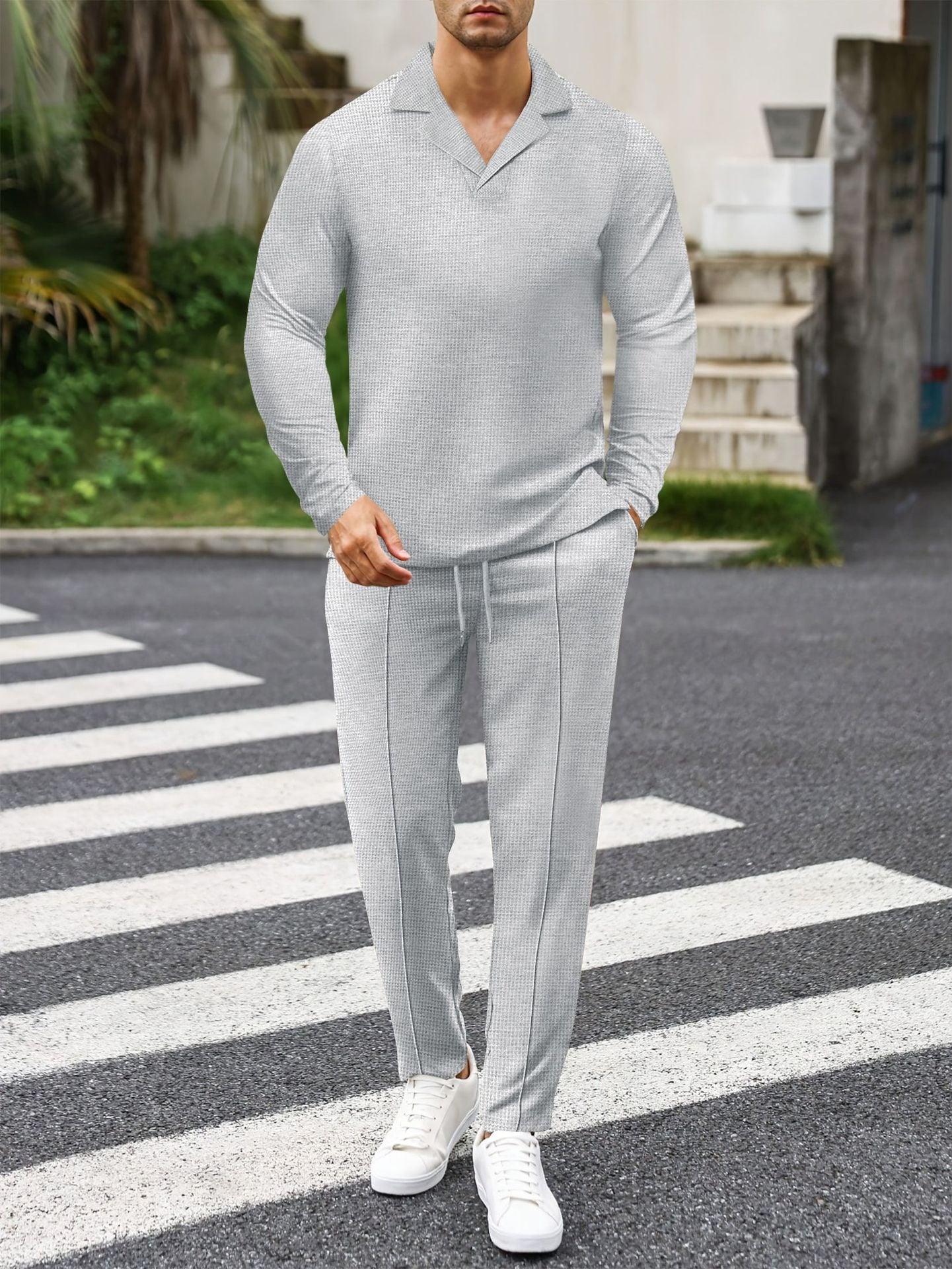 Men’s Loungewear Set – Waffle Knit – Slim Fit – Suit Collar Top – Drawstring Pants