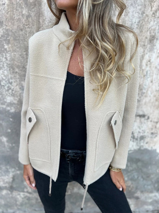 Women’s Jacket – Wool Blend – Boxy Fit – Stand Collar – Zip Front – Flap Pockets