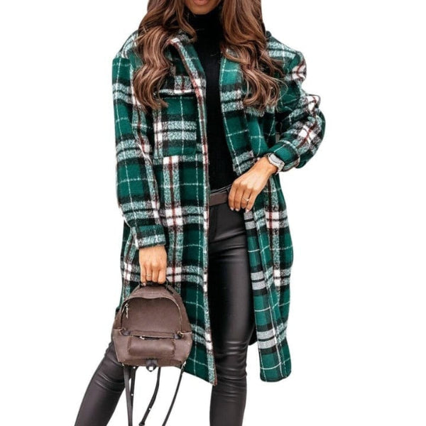 Women’s Checkered Jacket – Oversized Fit – Wool Blend – Knee Length – Button Front