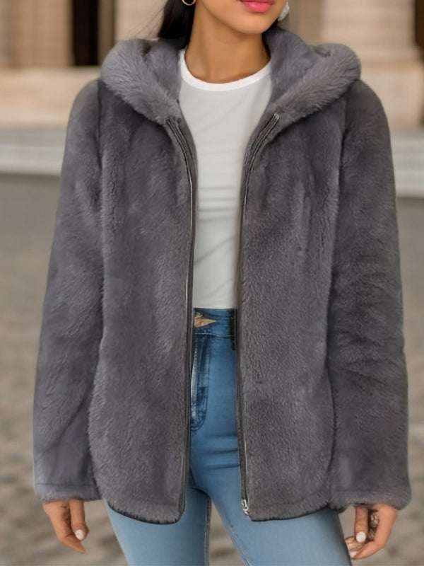 Women’s Zip-Up Jacket – Faux Fur – Sherpa Lined – Hooded – Relaxed Fit