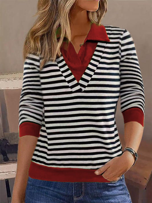 Women’s Sweatshirt – Relaxed Fit – Cotton Feel – Striped – Faux Collar Layered Look