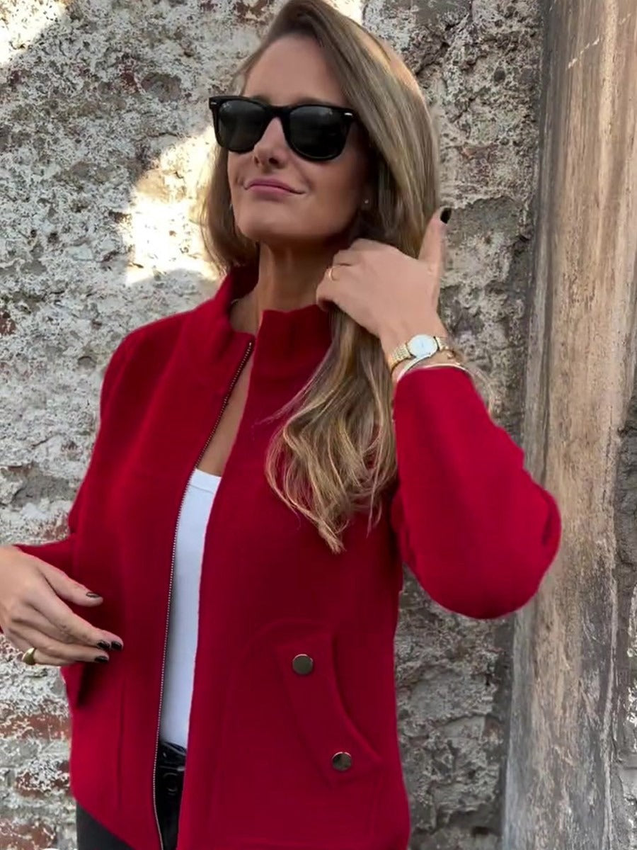 Women’s Jacket – Wool Blend – Boxy Fit – Stand Collar – Zip Front – Flap Pockets