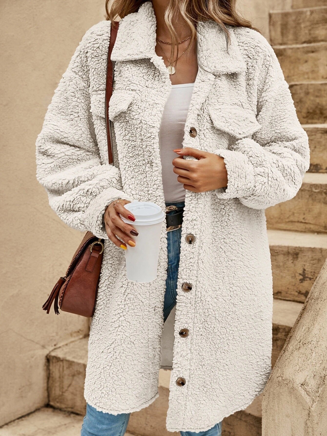 Women’s Plush Coat – Oversized Fit – Sherpa Texture – Button-Down with Lapel – Knee Length