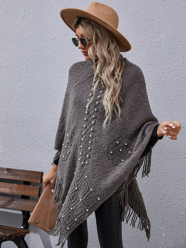 Women’s Poncho – Wool Blend – Loose Fit – Beaded Fringe – Asymmetric Hem – Mid Length