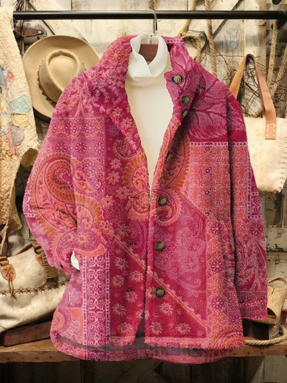 Women’s Jacket – Fleece – Structured Fit – Button Front – Hip Length – Striped Pattern