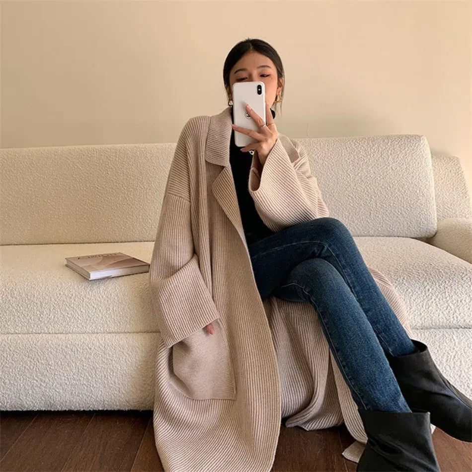 Women’s Long Cardigan – Ribbed Knit – Relaxed Oversized Fit – Open Front – Patch Pockets
