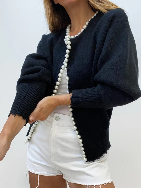 Women’s Cardigan – Knit Fabric – Relaxed Fit – Pearl Trim – Distressed Hem – Open Front