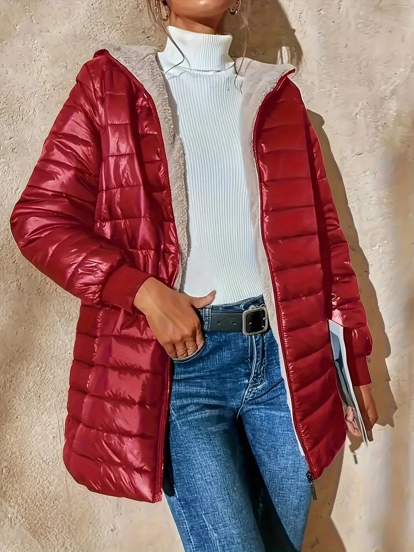 Women’s Quilted Longline Jacket – Fleece Lined – Relaxed Fit – Ribbed Cuffs Casual Wear