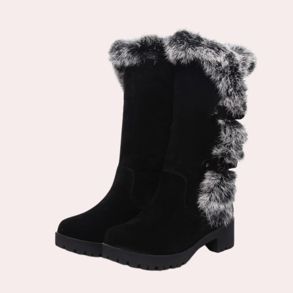 Women’s Knee-High Boots – Suede Touch – Faux Fur Trim – Lug Sole – Buckle Detail