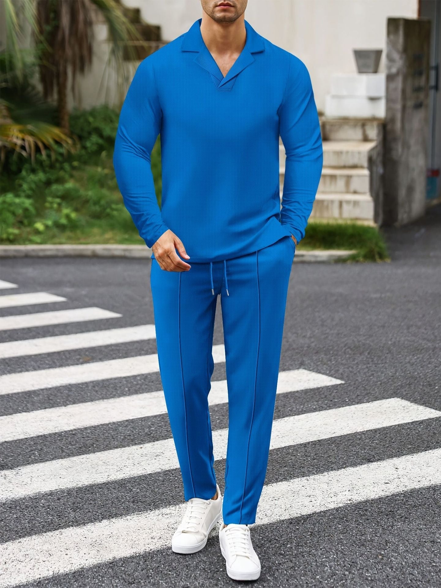 Men’s Loungewear Set – Waffle Knit – Slim Fit – Suit Collar Top – Drawstring Pants