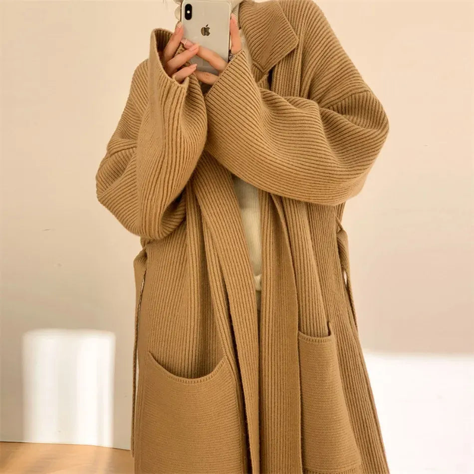 Women’s Long Cardigan – Ribbed Knit – Relaxed Oversized Fit – Open Front – Patch Pockets