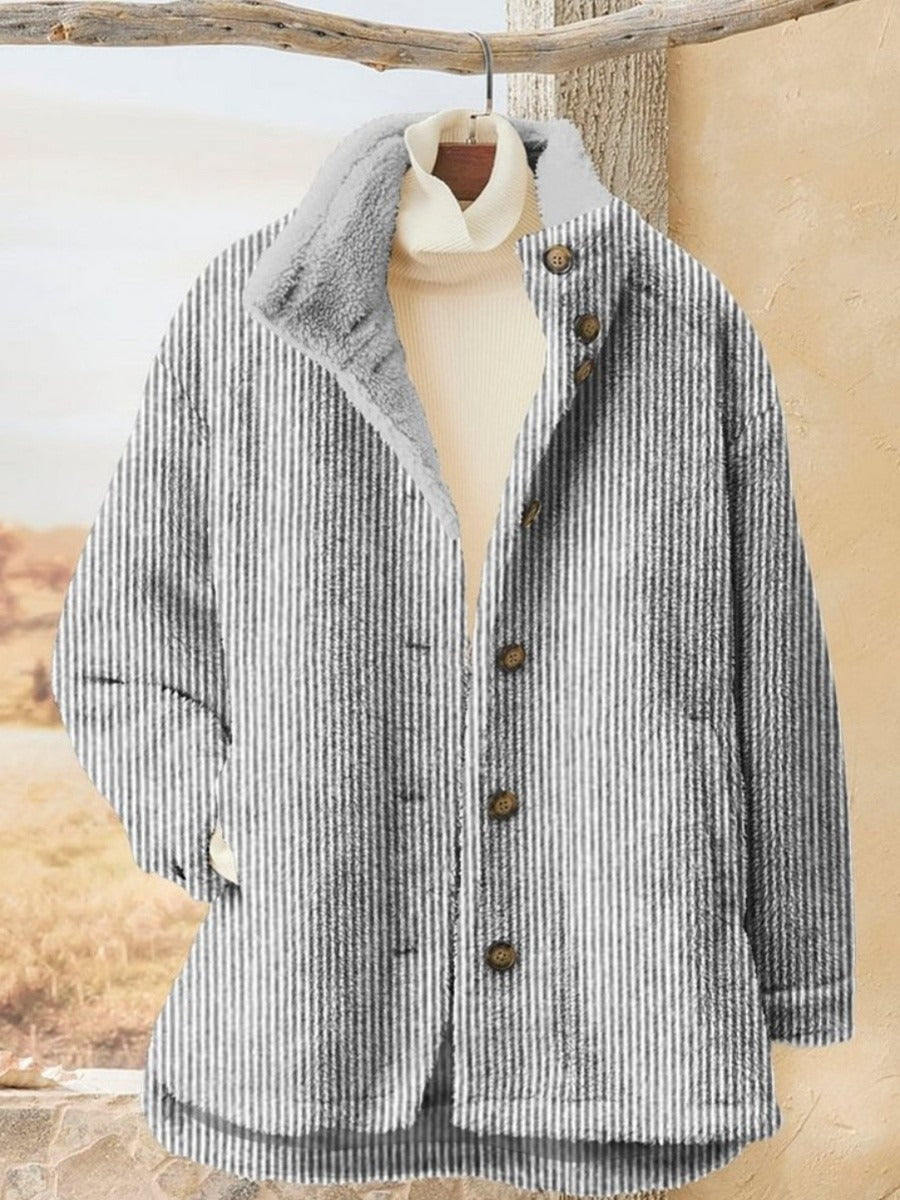 Women’s Jacket – Fleece – Structured Fit – Button Front – Hip Length – Striped Pattern