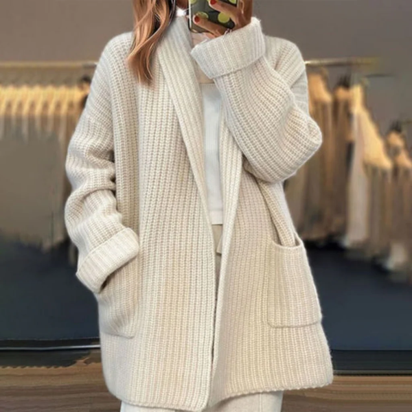 Women’s Knit Cardigan – Oversized Fit – Wool Blend – Open Front – Long Sleeve with Pockets
