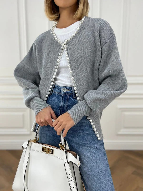 Women’s Cardigan – Knit Fabric – Relaxed Fit – Pearl Trim – Distressed Hem – Open Front