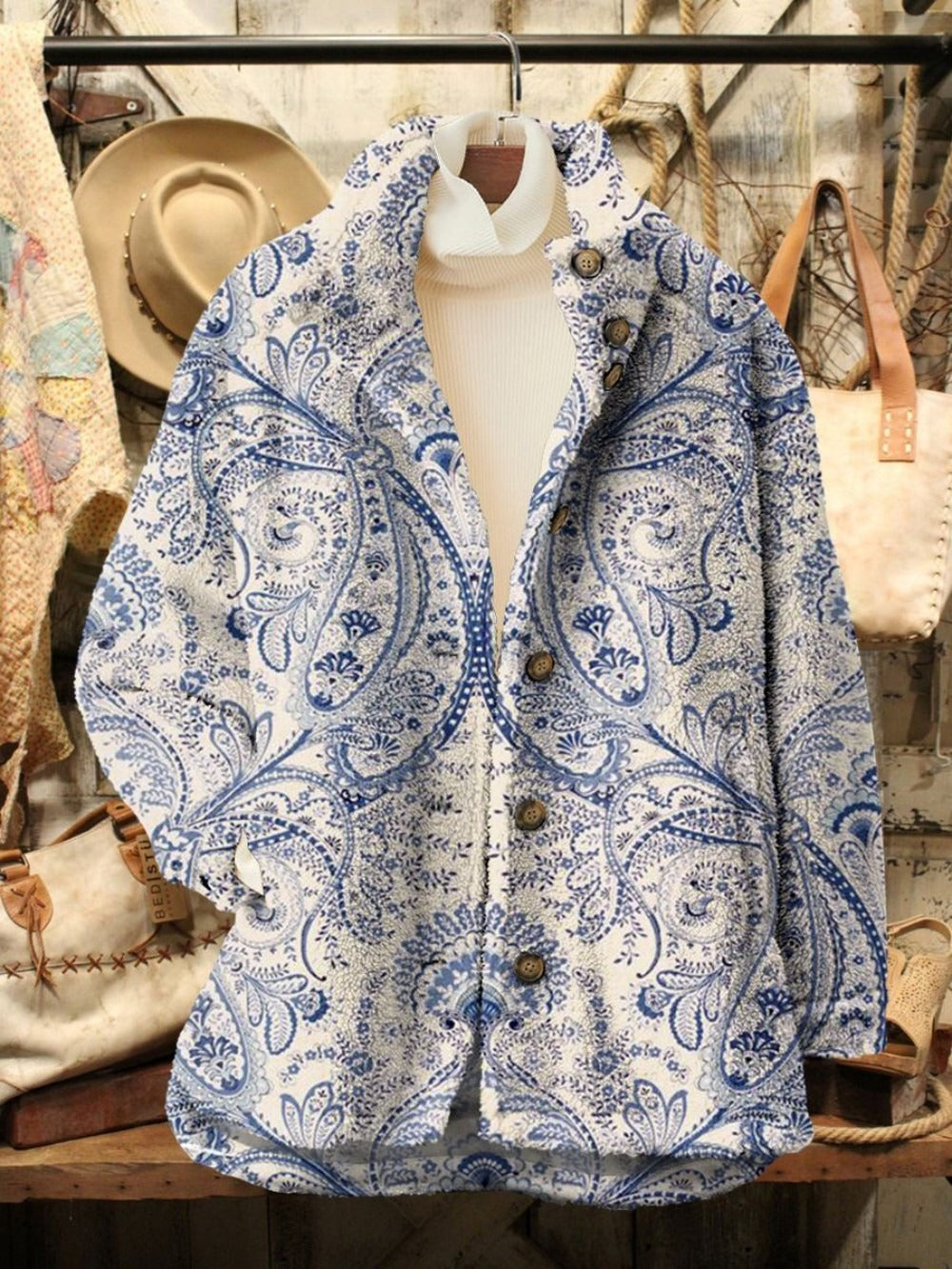 Women’s Jacket – Fleece – Structured Fit – Button Front – Hip Length – Striped Pattern