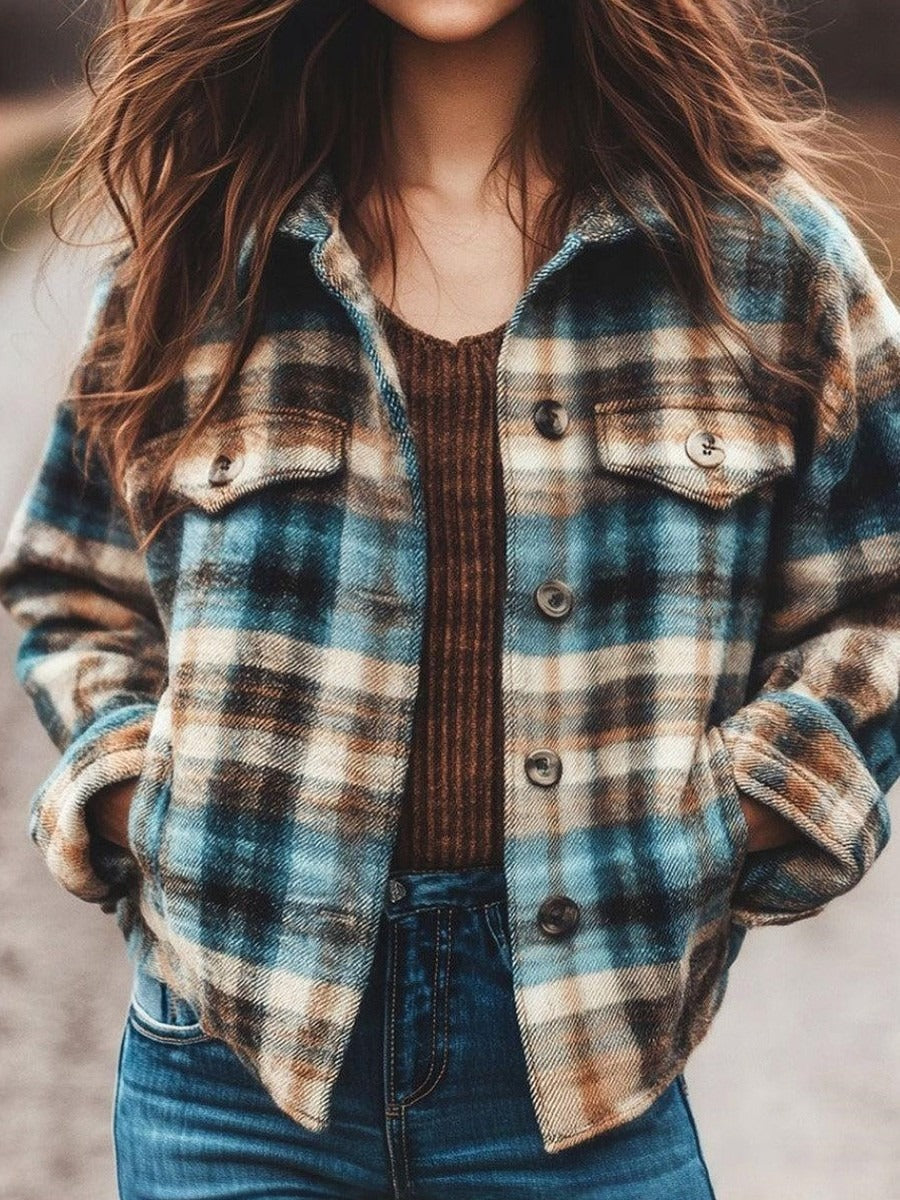 Women’s Cardigan – Wool Blend – Relaxed Fit – Check Pattern – Button Front – Chest Pockets