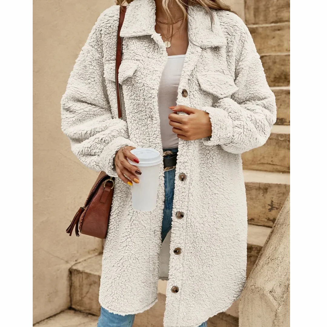 Women’s Long Coat – Oversized Relaxed Fit – Textured Pile – Button Front – Mid-Thigh Length