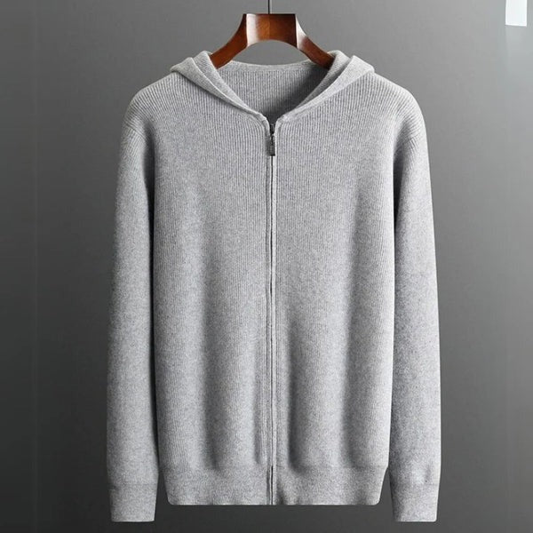 Men’s Zip Hoodie – Wool Blend Knit – Relaxed Fit – Ribbed Hem and Cuffs
