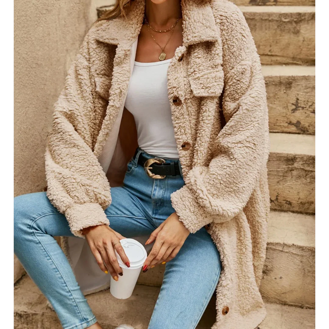 Women’s Long Coat – Oversized Relaxed Fit – Textured Pile – Button Front – Mid-Thigh Length