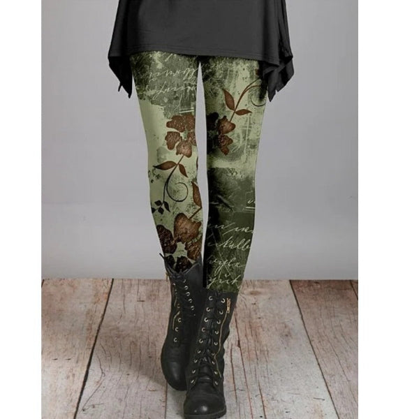 Women’s Leggings – Slim Fit – Stretch Fabric – Vintage Floral Print – Full Length Casual